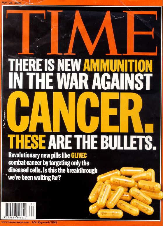 Time magazine cover, 28 May 2001: There is new ammunition in the war against cancer. These are the bullets.
